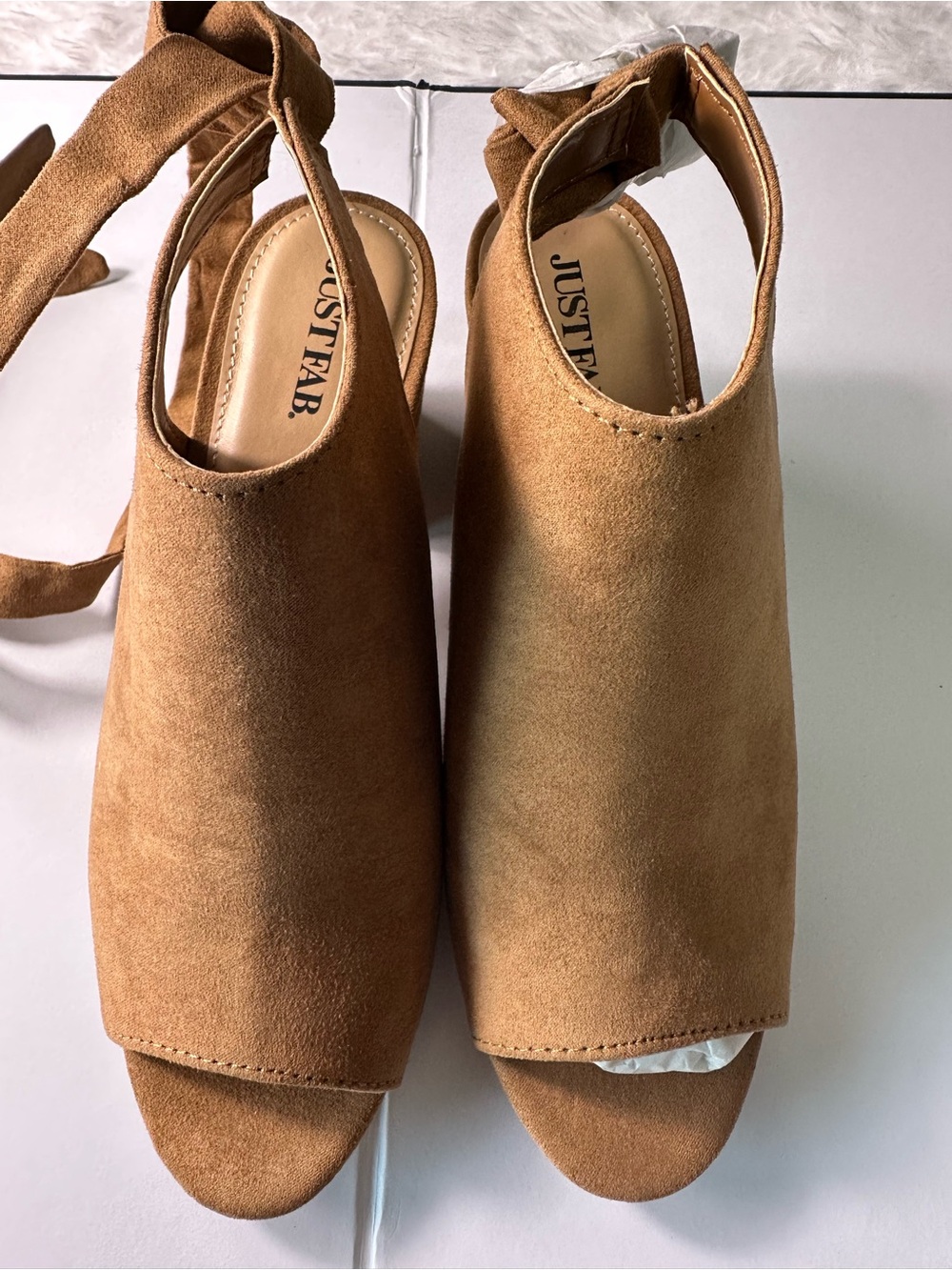 JustFab Tan Suede Peep-Toe Ankle Tie Mules